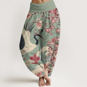 Buddha Stones Casual Crane Cherry Blossom Design Pattern Women's Elastic Waist Harem Pants - DarkSeaGreen - US22，UK/AU26，EU54 (6XL) - image 1
