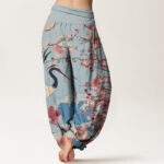 Buddha Stones Casual Crane Cherry Blossom Design Pattern Women's Elastic Waist Harem Pants - image 7