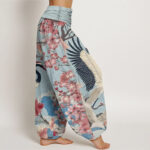 Buddha Stones Casual Crane Cherry Blossom Design Pattern Women's Elastic Waist Harem Pants - image 6