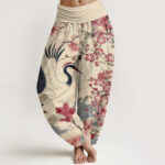 Buddha Stones Casual Crane Cherry Blossom Design Pattern Women's Elastic Waist Harem Pants - PapayaWhip - US22，UK/AU26，EU54 (6XL) - image 8