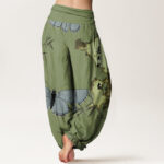 Buddha Stones Casual Butterfly Bamboo Leaf Calligraphy Pattern Women's Elastic Waist Harem Pants - image 3