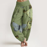 Buddha Stones Casual Butterfly Bamboo Leaf Calligraphy Pattern Women's Elastic Waist Harem Pants - OliveDrab - US22，UK/AU26，EU54 (6XL) - image 1