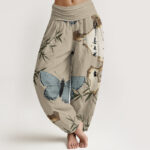 Buddha Stones Casual Butterfly Bamboo Leaf Calligraphy Pattern Women's Elastic Waist Harem Pants - Tan - US22，UK/AU26，EU54 (6XL) - image 8