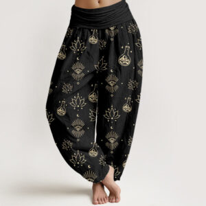 Buddha Stones Casual Lotus Eye Of Horus Pattern Women's Elastic Waist Harem Pants - Black - US22，UK/AU26，EU54 (6XL) - image 1