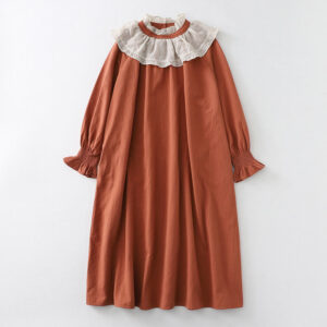 Buddha Stones Casual Ruffled Lace Patchwork Design Puff Sleeve Cotton Midi Dress With Pockets - Chocolate - US12，UK/AU16，EU44 (2XL) - image 1