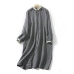 Buddha Stones Commute Retro DimGray Plaid Lantern Sleeve Cotton Linen Midi Dress With Pockets - DimGray - US8-10，UK/AU12-14，EU40-42 (2XL) - image 1