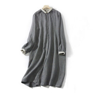 Buddha Stones Commute Retro DimGray Plaid Lantern Sleeve Cotton Linen Midi Dress With Pockets - DimGray - US8-10，UK/AU12-14，EU40-42 (2XL) - image 1