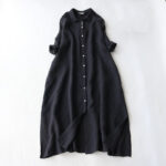 Buddha Stones Buttons Design Lapel Three Quarter Sleeve Cotton Linen Midi Dress With Pockets - Black - US8-10，UK/AU12-14，EU40-42 (2XL) - image 1