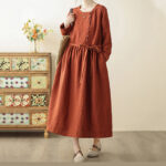 Buddha Stones Vintage OrangeRed Lace-Up Design Long Sleeve Cotton Maxi Dress With Pockets - image 3