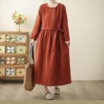 Buddha Stones Vintage OrangeRed Lace-Up Design Long Sleeve Cotton Maxi Dress With Pockets - image 5