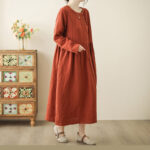 Buddha Stones Vintage OrangeRed Lace-Up Design Long Sleeve Cotton Maxi Dress With Pockets - image 4