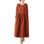 Buddha Stones Vintage OrangeRed Lace-Up Design Long Sleeve Cotton Maxi Dress With Pockets - image 7
