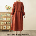 Buddha Stones Vintage OrangeRed Lace-Up Design Long Sleeve Cotton Maxi Dress With Pockets - image 2