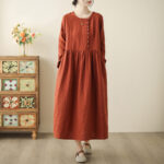 Buddha Stones Vintage OrangeRed Lace-Up Design Long Sleeve Cotton Maxi Dress With Pockets - OrangeRed - US8-10，UK/AU12-14，EU40-42 (2XL) - image 1