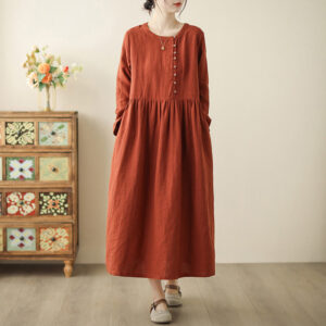 Buddha Stones Vintage OrangeRed Lace-Up Design Long Sleeve Cotton Maxi Dress With Pockets - OrangeRed - US8-10，UK/AU12-14，EU40-42 (2XL) - image 1
