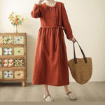 Buddha Stones Vintage OrangeRed Lace-Up Design Long Sleeve Cotton Maxi Dress With Pockets - image 6