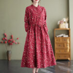 Buddha Stones Ethnic Printing Drawstring Long Sleeve Cotton Linen Maxi Dress With Pockets - image 10