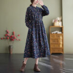 Buddha Stones Ethnic Printing Drawstring Long Sleeve Cotton Linen Maxi Dress With Pockets - image 3