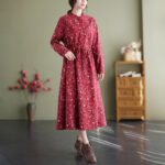 Buddha Stones Ethnic Printing Drawstring Long Sleeve Cotton Linen Maxi Dress With Pockets - image 9