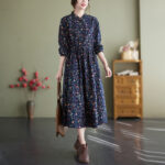 Buddha Stones Ethnic Printing Drawstring Long Sleeve Cotton Linen Maxi Dress With Pockets - MidnightBlue - US8-10，UK/AU12-14，EU40-42 (2XL) - image 1