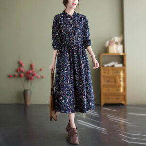 Buddha Stones Ethnic Printing Drawstring Long Sleeve Cotton Linen Maxi Dress With Pockets - MidnightBlue - US8-10，UK/AU12-14，EU40-42 (2XL) - image 1