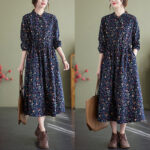 Buddha Stones Ethnic Printing Drawstring Long Sleeve Cotton Linen Maxi Dress With Pockets - image 4