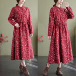 Buddha Stones Ethnic Printing Drawstring Long Sleeve Cotton Linen Maxi Dress With Pockets - image 11