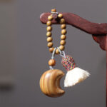 Buddha Stones Natural Green Sandalwood Colored Rope Tassels Star Moon Abundance Key Chain - image 6