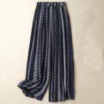 Buddha Stones Casual Vertical Printing Cotton Linen Women's Wide Leg Pants With Pockets - MidnightBlue - US8-10，UK/AU12-14，EU40-42 (2XL) - image 1