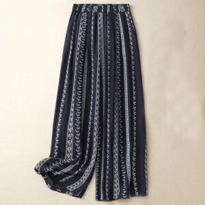 Buddha Stones Casual Vertical Printing Cotton Linen Women's Wide Leg Pants With Pockets - MidnightBlue - US8-10，UK/AU12-14，EU40-42 (2XL) - image 1