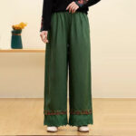 Buddha Stones Casual Embroidered Lace Cotton Linen Women's Wide Leg Pants With Pockets - Green - US14，UK/AU18，EU46 (4XL) - image 4