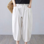 Buddha Stones Summer Plain Cropped Pants Women's Cotton Linen Harem Pants With Pockets - White - US12，UK/AU16，EU44 (3XL) - image 7