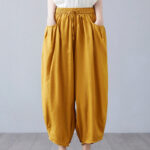 Buddha Stones Summer Plain Cropped Pants Women's Cotton Linen Harem Pants With Pockets - Gold - US12，UK/AU16，EU44 (3XL) - image 34