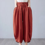 Buddha Stones Summer Plain Cropped Pants Women's Cotton Linen Harem Pants With Pockets - IndianRed - US12，UK/AU16，EU44 (3XL) - image 41