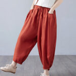 Buddha Stones Summer Plain Cropped Pants Women's Cotton Linen Harem Pants With Pockets - image 44