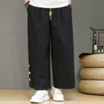 Buddha Stones Solid Color Linen Buttons Drawstring Men's Straight Leg Pants With Pockets - image 12