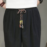 Buddha Stones Solid Color Linen Buttons Drawstring Men's Straight Leg Pants With Pockets - image 16