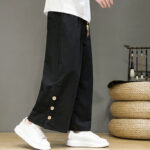 Buddha Stones Solid Color Linen Buttons Drawstring Men's Straight Leg Pants With Pockets - image 14