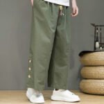 Buddha Stones Solid Color Linen Buttons Drawstring Men's Straight Leg Pants With Pockets - image 30