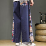 Buddha Stones Crane Embroidery Drawstring Men's Cotton Linen Wide Leg Pants With Pockets - image 5