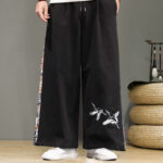 Buddha Stones Crane Embroidery Drawstring Men's Cotton Linen Wide Leg Pants With Pockets - image 14