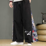 Buddha Stones Crane Embroidery Drawstring Men's Cotton Linen Wide Leg Pants With Pockets - image 11