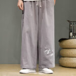 Buddha Stones Crane Embroidery Drawstring Men's Cotton Linen Wide Leg Pants With Pockets - image 27