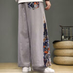 Buddha Stones Crane Embroidery Drawstring Men's Cotton Linen Wide Leg Pants With Pockets - image 25
