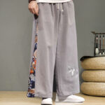 Buddha Stones Crane Embroidery Drawstring Men's Cotton Linen Wide Leg Pants With Pockets - image 24