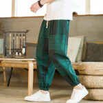 Buddha Stones Summer Checkered Stripes Cotton Linen Men's Harem Pants With Pockets - Green - US/UK/AU46，EU56 (5XL) - image 10