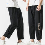 Buddha Stones Summer Chinese Characters Embroidery Men's Cotton Linen Pants With Pockets - image 9