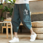 Buddha Stones White Crane Clouds Embroidery Cotton Linen Men's 7-8 Length Harem Pants With Pockets - CadetBlue - US/UK/AU46，EU56 (5XL) - image 8