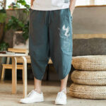 Buddha Stones White Crane Clouds Embroidery Cotton Linen Men's 7-8 Length Harem Pants With Pockets - image 9
