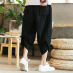 Buddha Stones White Crane Clouds Embroidery Cotton Linen Men's 7-8 Length Harem Pants With Pockets - image 3